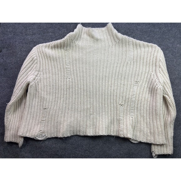 Umgee Sweaters - UMGEE Distressed Mock Neck Sweater Womens L Cream Cropped Chunky Knit Oversized